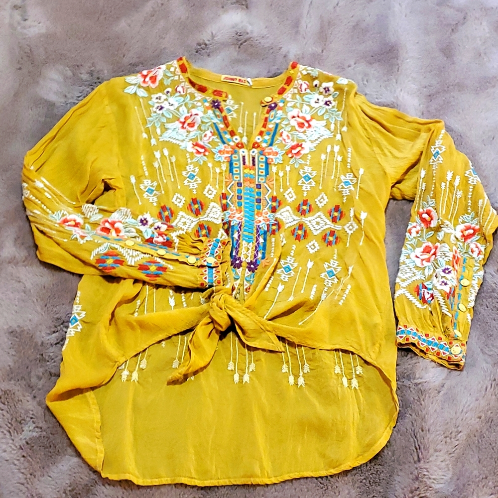 Johnny Was embroidered boho blouse, tie front, medium
